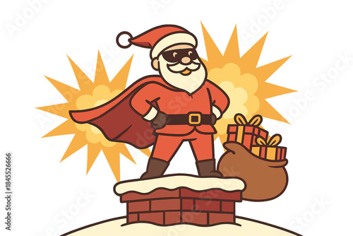 Santa Claus, portrayed as a superhero, delivers presents while standing on a snowy roof, with explosions erupting in the background