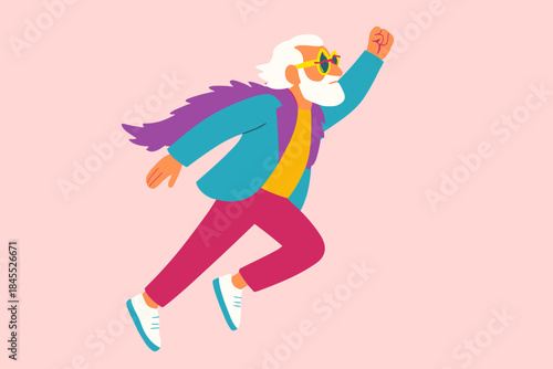 A full-body profile portrait of a funky, aged man raising his fist in flight, wearing glamorous clothes, set against a pink background