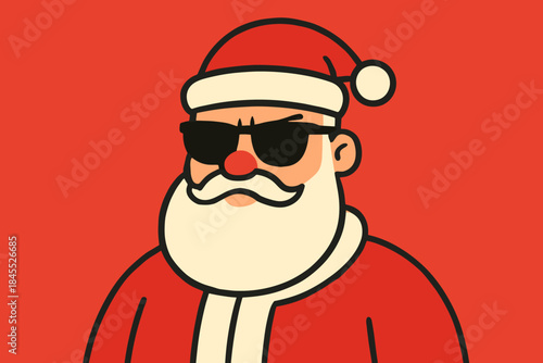 A distinctive Santa Claus figure sporting sunglasses and a striking appearance set against a vivid red backdrop