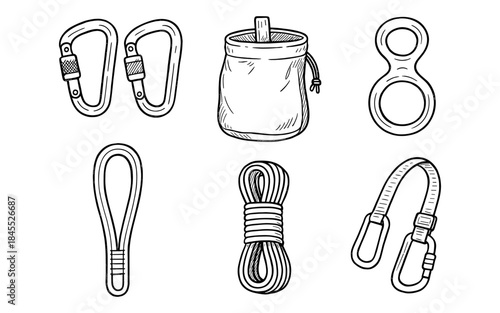 Hand-drawn climbing gear collection including carabiners, chalk bag, and rope