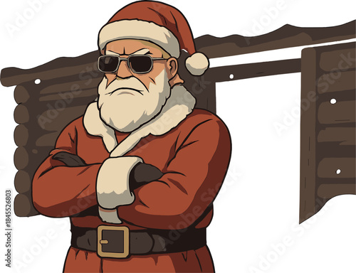 Tough Santa: Ultra-detailed photorealistic illustration of a badass Santa wearing aviator sunglasses, standing confidently in a snow-covered cabin, featuring cinematic lighting