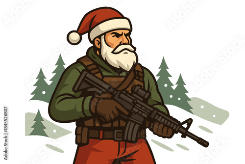 Tactical Santa: Bold Christmas Guardian Commanding the Snowy Wilderness with an Unflinching Gaze – Ultra-Realistic, Cinematic Badass Santa Design
