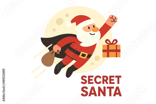Vector illustration (EPS10) of a Secret Santa party featuring a cartoon superhero Santa Claus flying in front of a full moon to deliver gifts