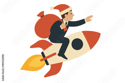 A businessman in a Santa hat with a sack of presents rockets into the sky, illustrating a business concept
