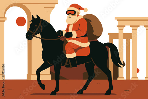 A retro-futuristic Santa Claus rides a black horse amid an ancient backdrop illuminated by red lights