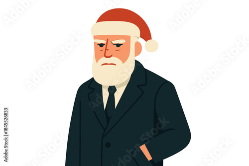 An older Santa Claus in a formal black coat, with a solemn expression