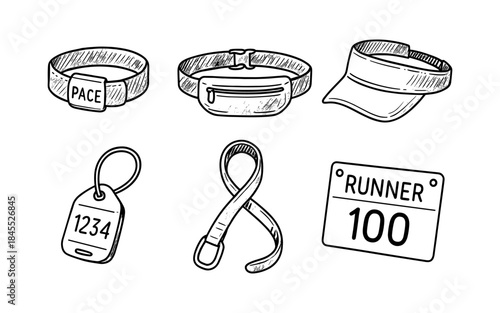 Hand-drawn running accessories including a pace band, fanny pack, visor, and bib
