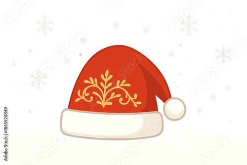 Decoración navideña: gorro de Santa con bordado dorado sobre nieve, copos cayendo y luces cálidas, plantilla hero para la web
