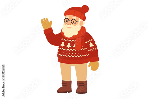 A fashionable older man with gray hair, dressed in a Santa-inspired style, ready for a Christmas mission, wearing warm knitted clothing against a solitary red background