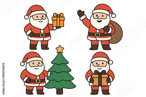 Cartoon mascots of Santa Claus, bearded winter fairy‑tale heroes, deliver gifts, a New Year tree, and holiday cheer, all in Santa Claus Christmas costumes
