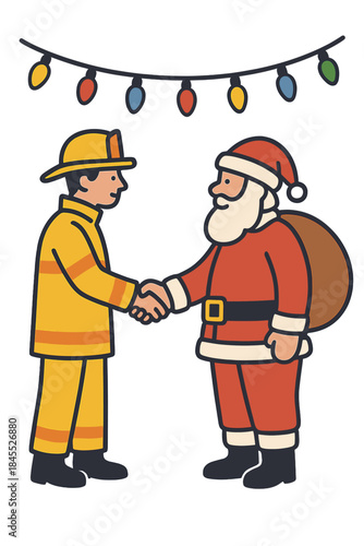 A firefighter and Santa Claus shake hands amid a Christmas celebration illuminated by festive lights