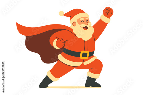 A lively studio photo of a merry, mighty Santa Claus posing like a superhero, poised to spread holiday joy and thrill with his incredible power