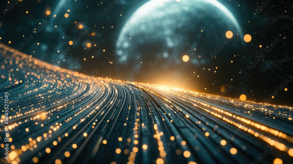 Obraz premium Glowing golden particles flow along numerous dark parallel lines, representing a dynamic surge of digital connectivity and transfer set against a galactic backdrop with a large celestial body