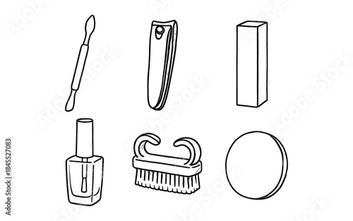 Collection of hand-drawn nail care tools and polish bottle for beauty routines
