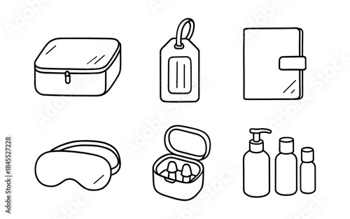 Collection of travel accessories and toiletries in a simple line art style