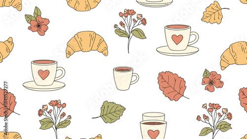Cozy and charming seamless pattern with hand-drawn croissants, coffee cups, autumn leaves, and flowers on a clean white background.