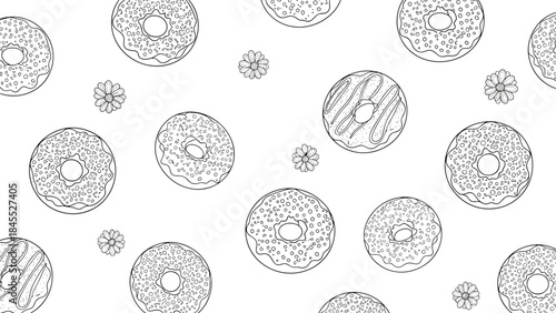 Monochrome seamless pattern featuring hand-drawn outlined donuts with various toppings and small flowers on a simple white background.