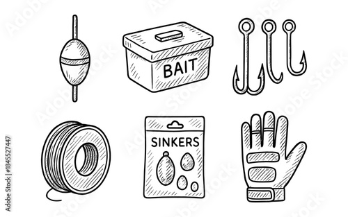 Hand-drawn fishing gear collection including float, bait box, hooks, line, sinkers, and glove