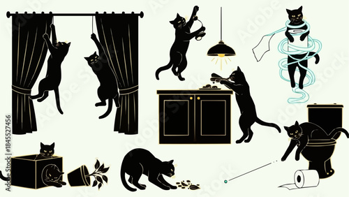Playful Black Cats Causing Mischief in a House.