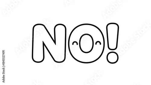 Simple black and white line art illustration of the word no with a cute smiley face inside the letter O, conveying a friendly refusal.