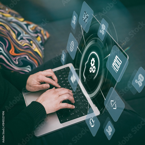 Woman uses AI application on laptop. Modern digital technology. Machine learning, artificial intelligence