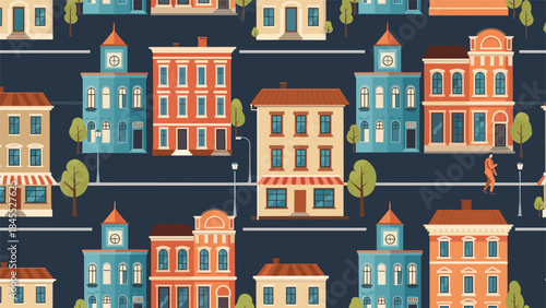 Seamless pattern illustrating a charming city street with colorful European-style buildings, trees, and streetlights on a dark blue background.