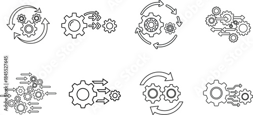 A collection of eight interlocking gear icons in various configurations