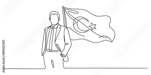 Fotografie One line drawing of businessman standing next to turkish flag