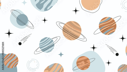 Seamless celestial pattern with abstract planets, stars, and comets in pastel blue and beige tones on a clean white background.
