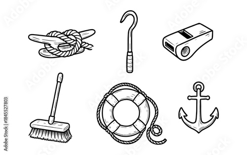 Nautical and maritime equipment icons in a simple line art style