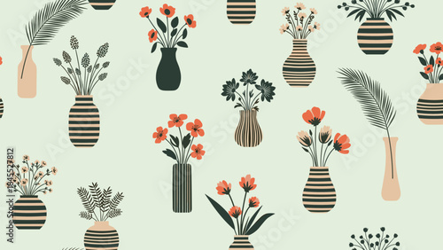 Seamless pattern with various flowers in stylish striped and simple vases, creating a charming and modern botanical home decor design.