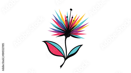 Stylized and abstract drawing of a single flower with vibrant, multi-colored spiky petals and two simple leaves on a stem.