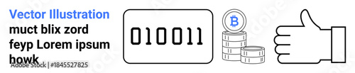 Cryptocurrency, digital finance, blockchain, online payment, coding, approval. Binary code, Bitcoin stack thumbs-up icon. Cryptocurrency and digital finance concept