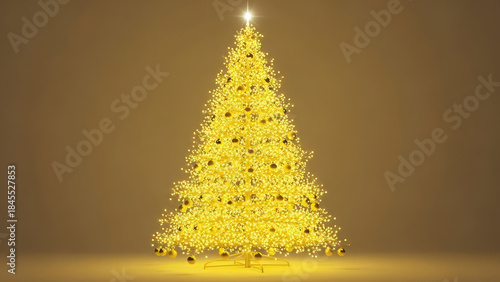 Beautiful golden christmas tree with lights and ornaments