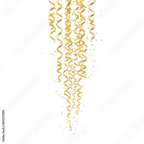 A cascading collection of gold ribbons and confetti falling downwards