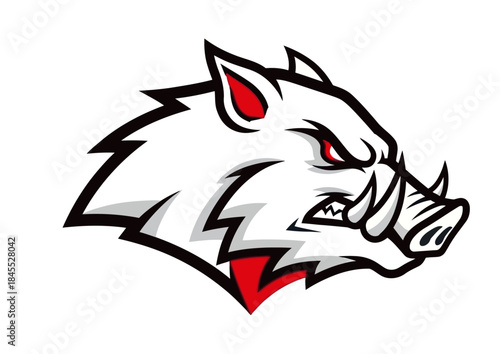 Aggressive white wild boar head mascot with red eyes and tusks, featuring a fierce expression and strong black outlines.