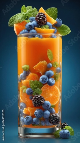 Fresh fruit drink with blueberries, mandarin, blackberries, and mint on a blue background in a tall glass