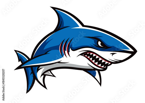 A fierce blue shark mascot with sharp teeth and red gills, ready to attack.