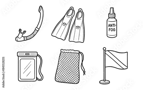 Collection of scuba diving and snorkeling equipment in a clean line art style