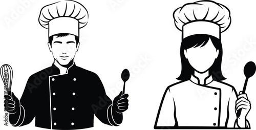 Male and female chefs in uniform holding cooking utensils illustration