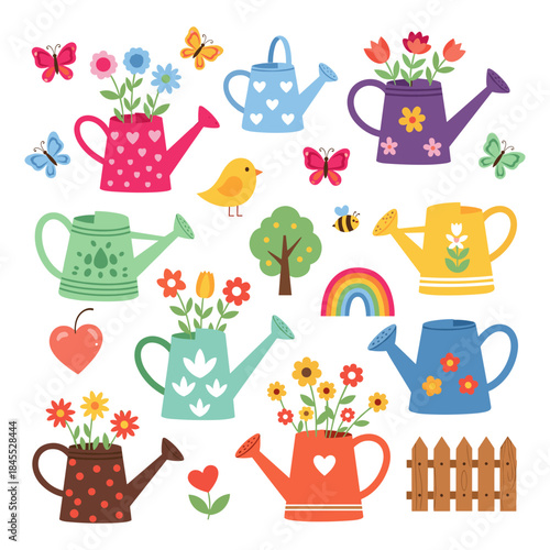 Adorable spring gardening illustration with watering cans, flowers, and cheerful garden elements