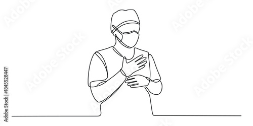 One line drawing of a doctor or nurse holding hands over chest