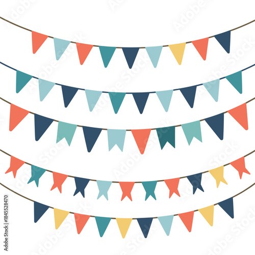 Five colorful rows of bunting flags in a flat design illustration on a white background