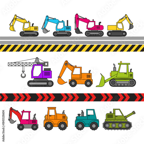 A vibrant collection of construction vehicles illustration set with safety borders
