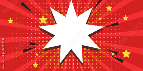 Retro comic expression empty speech bubble with stars on colorful halftone red stripes background. Vector illustration, vintage design, pop art style.