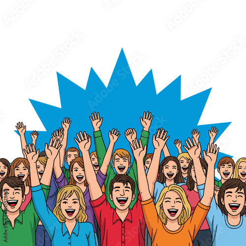 Joyful celebration scene with a group of people raising hands in excitement