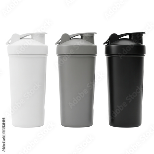 Three Protein Shaker Bottles in White Gray and Black
