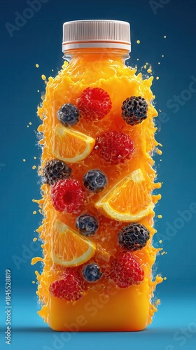 Fruit juice bottle surrounded by splashes with various fruits on a blue background