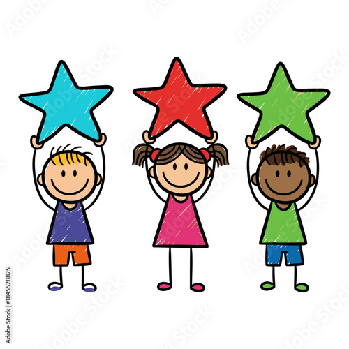 Diverse group of happy stick figure children holding up colorful stars together