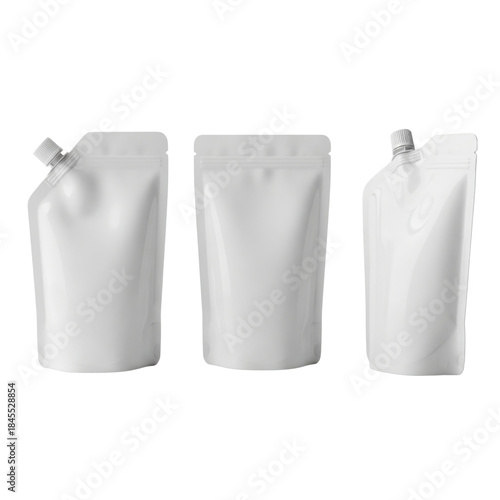 Three White StandUp Pouches with Spouts and Caps